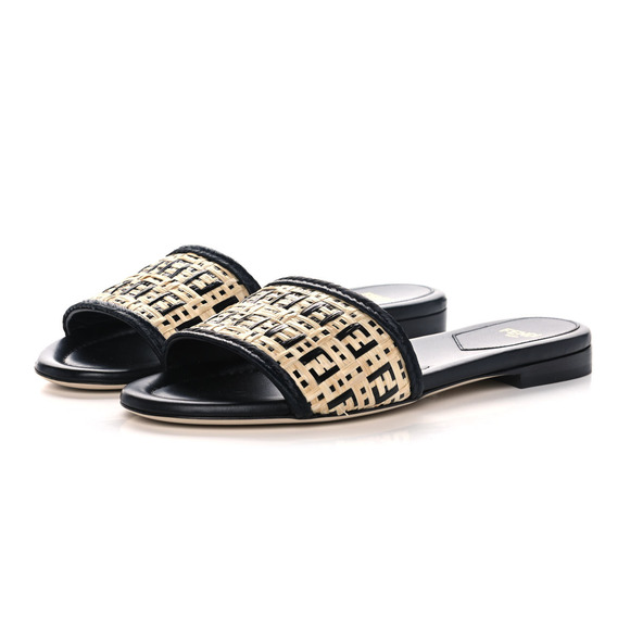Fendi Raffia FF Logo Slip On Flat Slide Sandals Natural Black Women's Size 38 - Picture 2 of 8